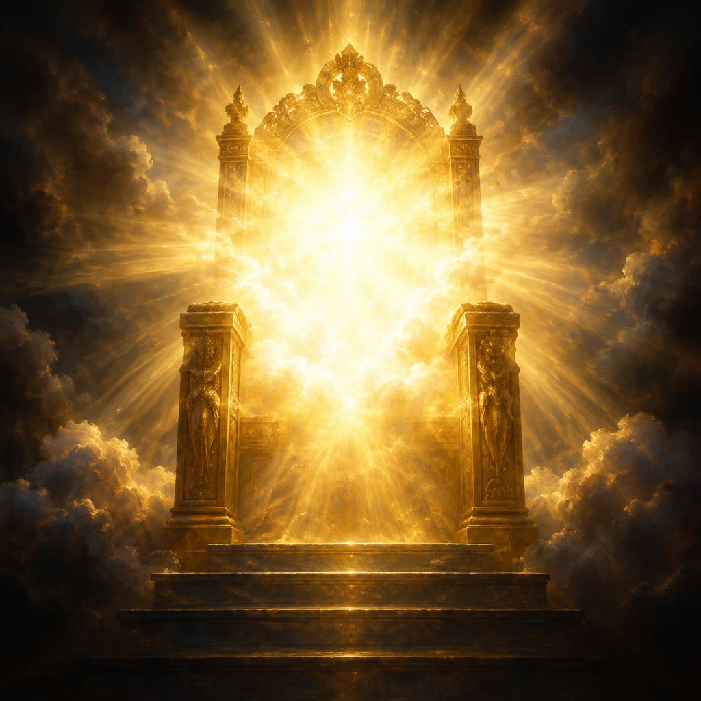 A golden throne in heavenly light